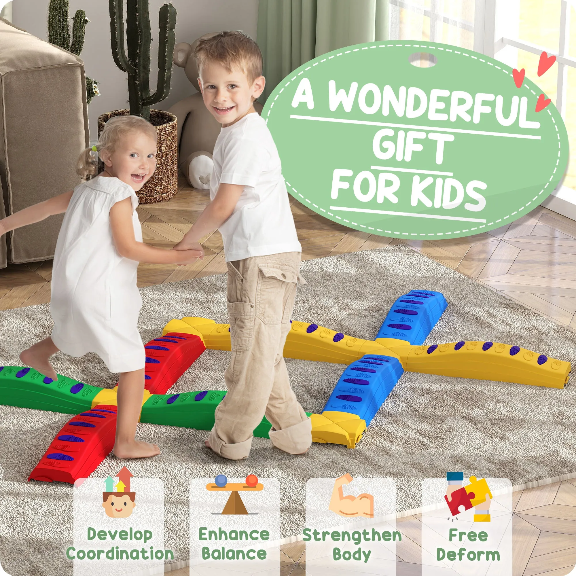 12PCs Kids Balance Beam Stepping Stones with Non-Slip Foot Pads