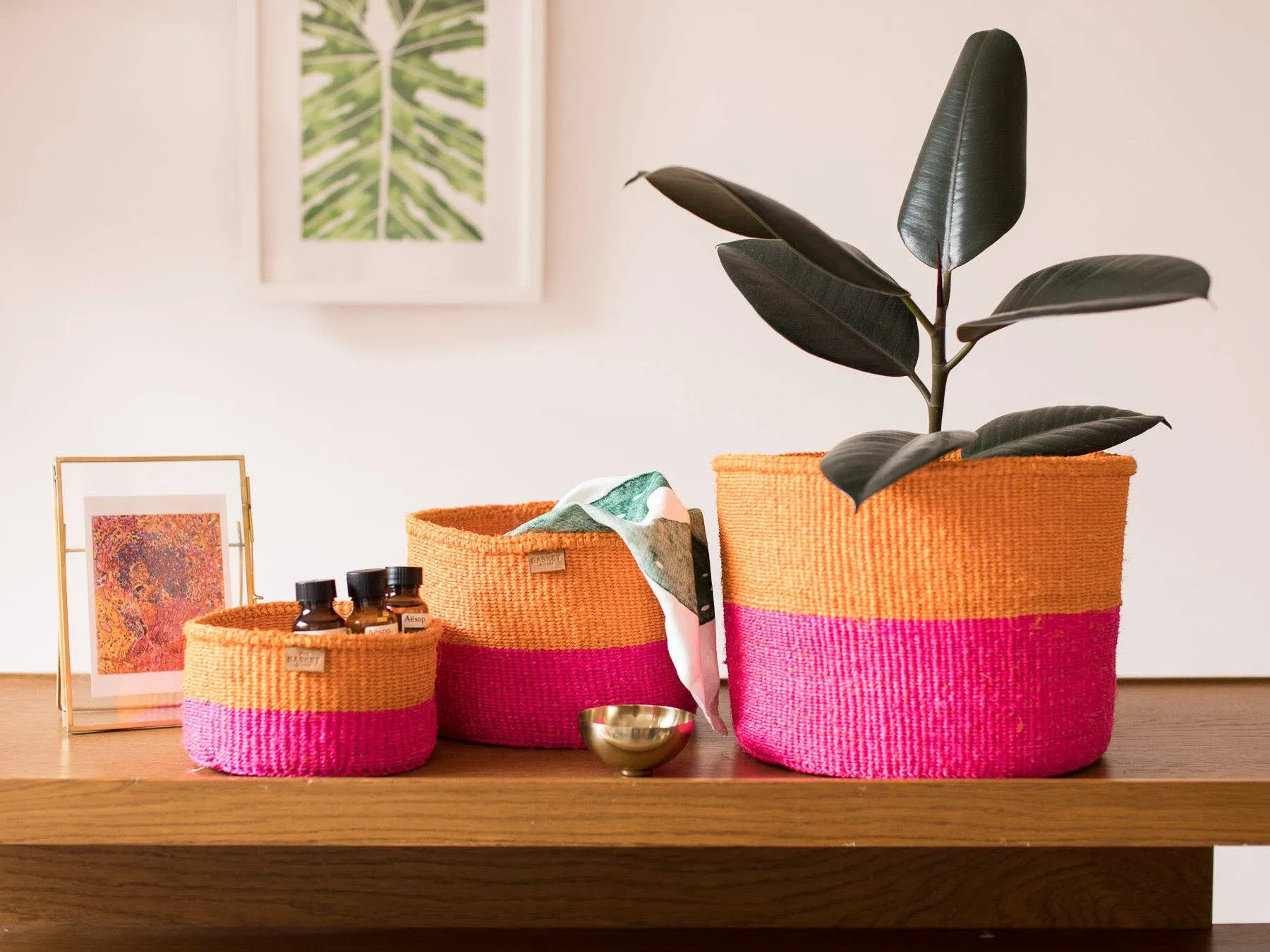 KALI: Orange & Neon Pink Duo Colour Block Woven Basket: Orange / M / Colour Block