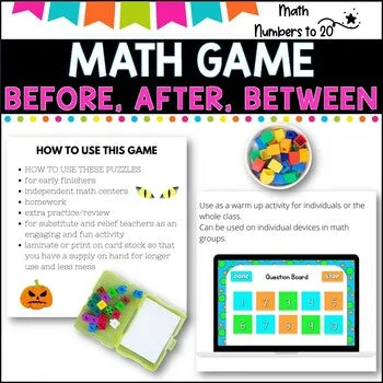 NO PREP MATH GAME -BEFORE, AFTER, BETWEEN Numbers to 20-POWERPOINT GAME
