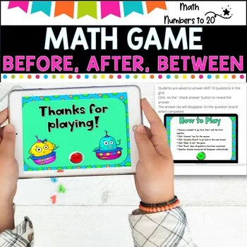 NO PREP MATH GAME -BEFORE, AFTER, BETWEEN Numbers to 20-POWERPOINT GAME