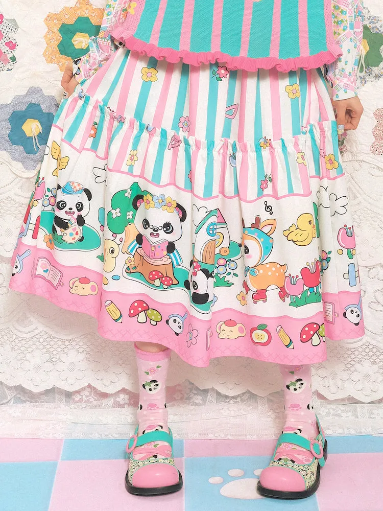 Stripe Pattern Animals Print Shirring Waist Skirt