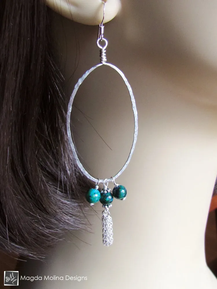 The Hammered Silver & Chrysocolla Oval Hoop Earrings With Tassels