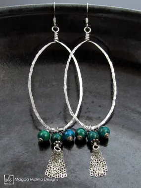 The Hammered Silver & Chrysocolla Oval Hoop Earrings With Tassels
