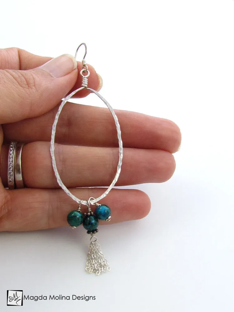 The Hammered Silver & Chrysocolla Oval Hoop Earrings With Tassels