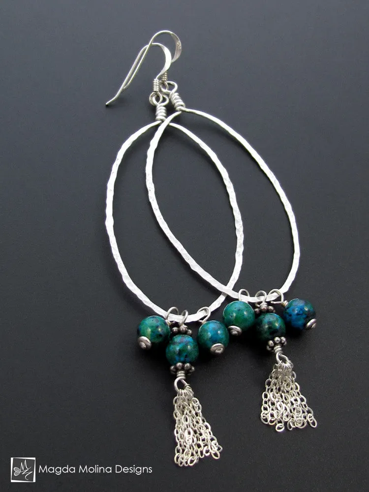 The Hammered Silver & Chrysocolla Oval Hoop Earrings With Tassels